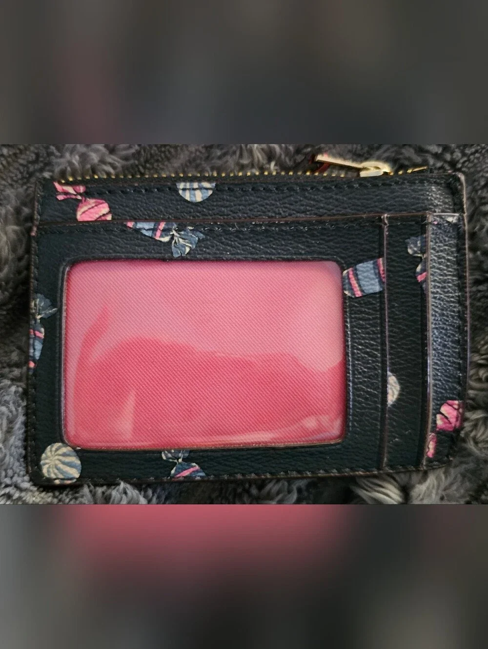 COACH Black Leather Card Case with Pink & Blue Candy Print